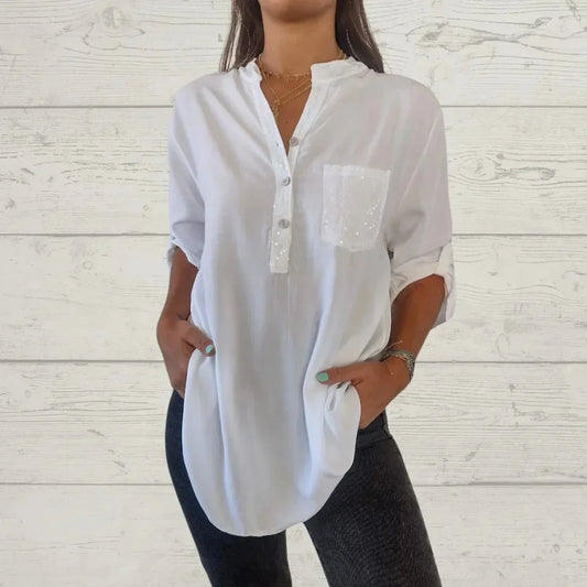 Mia - Camicia casual in cotone con scollo a V, paillettes e maniche a mezza lunghezza